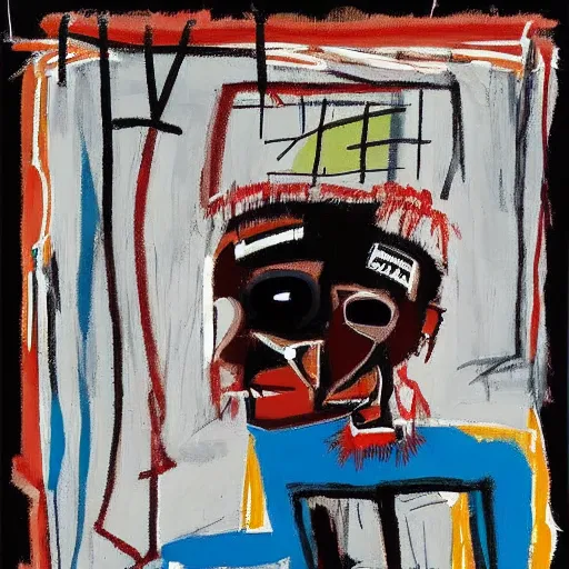 Prompt: Happy Morning. Sunlight is pouring through the window lighting the face of a sleepy young man drinking a cup of coffee. A new day has dawned bringing with it new hopes and aspirations. Detailed and intricate painting by Basquiat, 1986