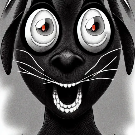 Image similar to A extremely highly detailed majestic hi-res beautiful, highly detailed head and shoulders portrait of a scary terrifying, horrifying, creepy black cartoon rabbit with scary big eyes, laughing in the style of Walt Disney