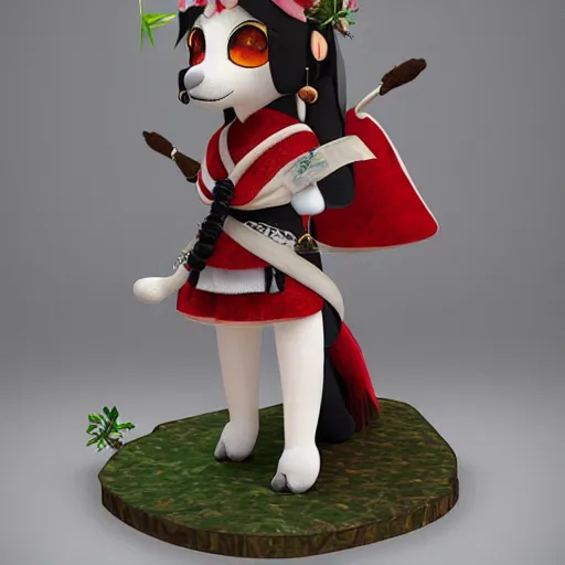 Image similar to cute fumo plush of the wolf priestess of the jungle temple, canine shrine maiden, vray