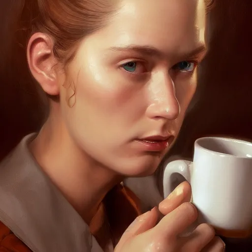 Prompt: an portrait of an female medic drinking coffee, detailed, centered, digital painting, artstation, concept art, donato giancola, Joseph Christian Leyendecker, WLOP, Boris Vallejo, Breathtaking, 8k resolution, extremely detailed, beautiful, establishing shot, artistic, hyperrealistic, beautiful face, octane render