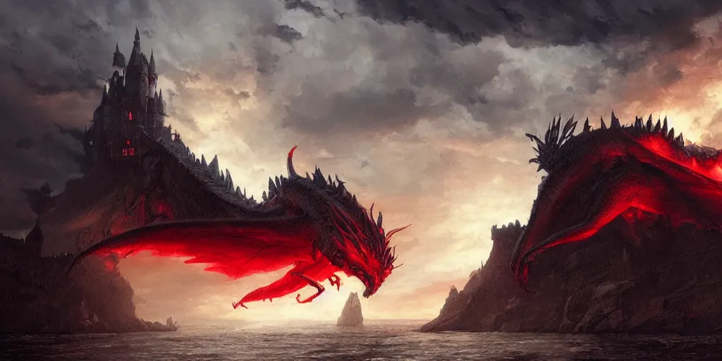 Image similar to A huge red dragon swoops past an imposing medieval castle, breathing fire, dark fantasy, stormy sky, lightning, digital art by Greg Rutkowski and Studio Ghibli