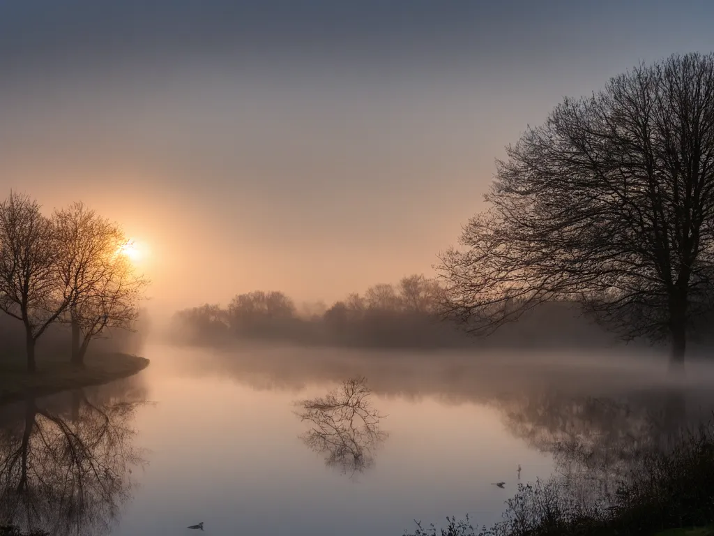 Image similar to A landscape photo taken by Kai Hornung of a river at dawn, misty, early morning sunlight, cold, chilly, two swans swim by, rural, English countryside