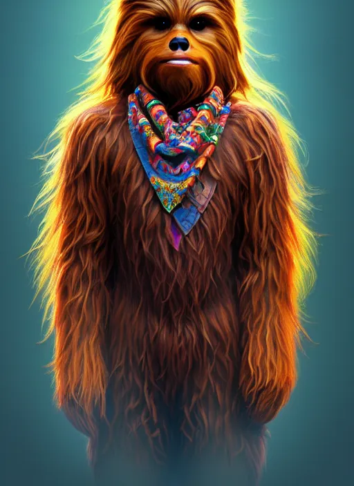 Image similar to symmetry!! portrait of chewbacca as antlered deer wearing a colorful scarf!, intricate, elegant, highly detailed, digital painting, artstation, concept art, smooth, sharp focus, illustration, art by artgerm and greg rutkowski and alphonse mucha, 8 k