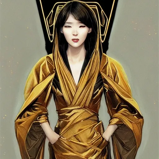 Image similar to Photorealistic illustration, 3/4 view of Korean fashion model in Star Wars sith black and gold robes, sci-fi, futuristic, intricate, elegant, highly detailed, digital painting, artstation, concept art, smooth, sharp focus, art by artgerm, greg rutkowski and alphonse mucha