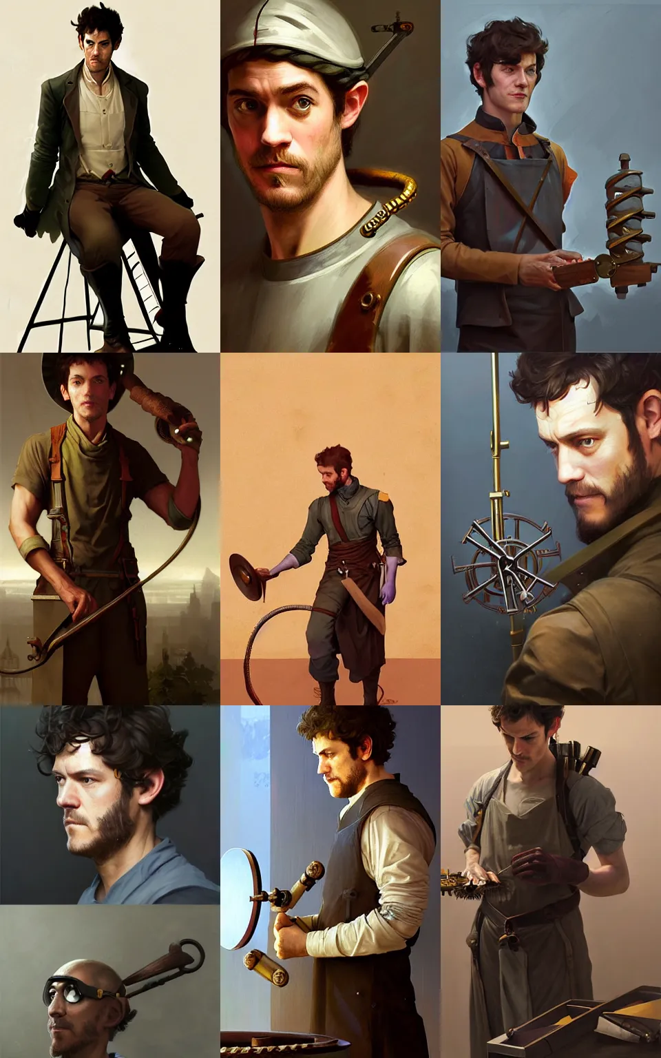 Prompt: character concept portrait of focused Adam Brody as a Artificer crafting a clockwork mechanism, tinker workshop, blacksmith apron, elegant, digital painting, concept art, smooth, sharp focus, illustration, from Metal Gear, by Ruan Jia and Mandy Jurgens and William-Adolphe Bouguereau, Artgerm