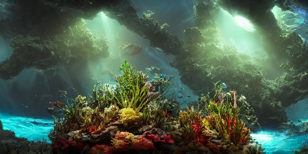 Prompt: an overgrown alien spaceshipwreck seascape with otherworldly flora, bursting with marine life. A shaft of sunlight penetrates the depths. 8k, beauty sleek design color metallic fluid 3D 4K, bioluminescence, neon, crazy fish, zoology! Fantastical creatures, unreal engine, deviant art, glowing neon vray, volumetric lighting highly detailed Octane rendering vivid cinematic lighting