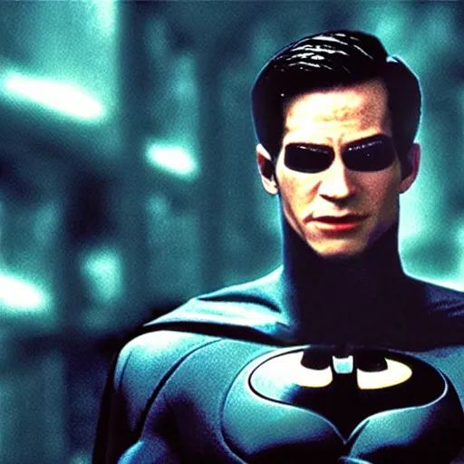 Prompt: a still of batman in the matrix ( 1 9 9 9 ), film footage, 4 k, highly detailed, screencap