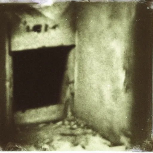 Image similar to dark room with a monster peering out of a trap door in the floor, distuburbing, horror, nightmare, terrifying, surreal, nightmare fuel, old polaroid, blurry, expired film, lost footage, found footage,