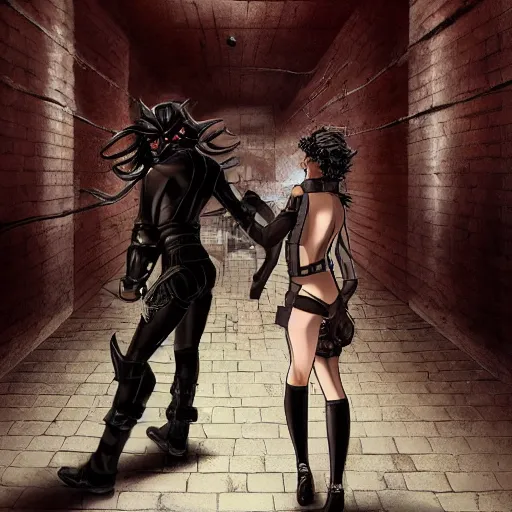 Image similar to a school boy being intimidated by a succubus in a leather suit, devi wings, cracked brick wall, long hallway, light at the end of the tunnel, volumetric lighting, concept art, detailed, dramatic lighting, by hayao miyazaki