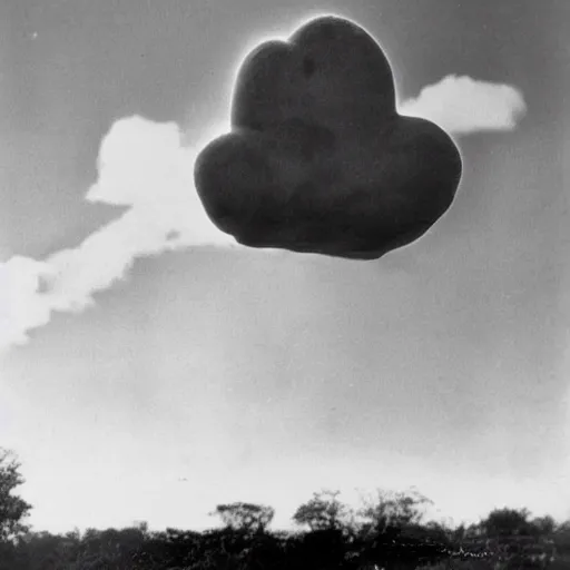 Image similar to a mid 1 9 0 0 s photograph of a cloud shaped like a peanut in the morning sky