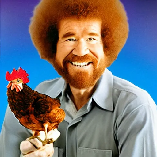 Prompt: bob ross holding a chicken on mars,