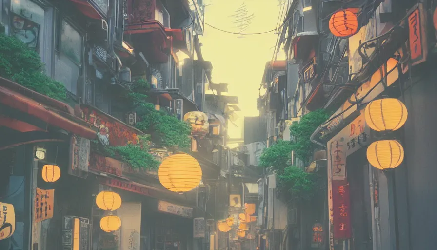 Image similar to A film still from a 1990s Sailor Moon cartoon featuring a moody street in Japan with a waterfall and lanterns, lofi aesthetic, golden hour, cinematic look, film grain, high detail, high resolution, 8k