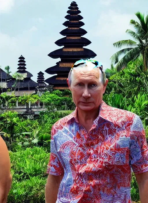 Prompt: vladimir putin wearing batik bali in bali. temple background. front view. instagram holiday photo shoot, perfect faces, corrected faces, award winning photography