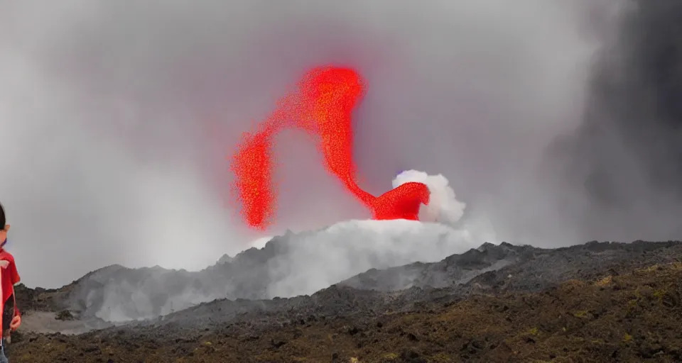 Image similar to a volcano made of ivory vines and crimson rocks enters in eruption, it spits a smoke in the shape of demonic eye, by a 8 years old kid,