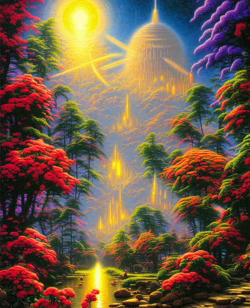 Prompt: a beautiful future for human evolution, spiritual science, divinity, utopia, by david a. hardy, wpa, public works mural, socialist, flowers and gardens by kinkade