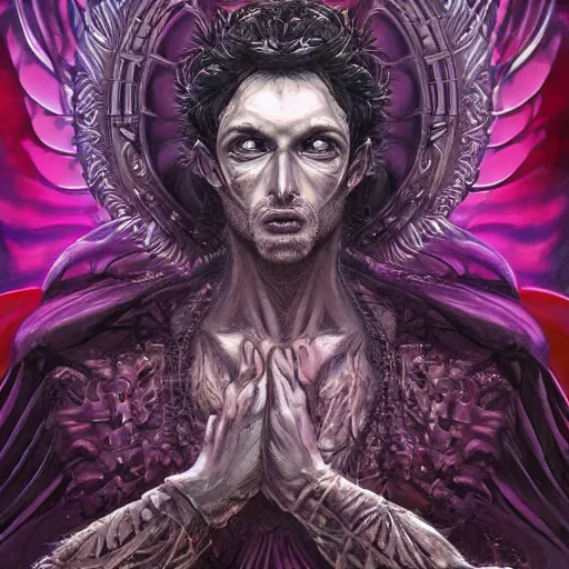 Image similar to 4K headshot portrait of godlike Warlock of Nazareth with defined arms and open hands and bloody clothes with giant mandala wings , intricate face , flawless anime cel animation by Kentaro Miura, psychedelic , highly detailed upper body , professionally post-processed , beautiful, scary, symmetry accurate features, epic, octane rendered, anime masterpiece, accurate by Craig Mullins, ilya kuvshinov, krenz cushart, epic , artgerm trending on artstation by Edward Hopper and Dan Mumford and WLOP and Rutkovsky, beksinski carl spitzweg moebius and tuomas kocar, intricate artwork by caravaggio, Unreal Engine 5, Lumen, Nanite