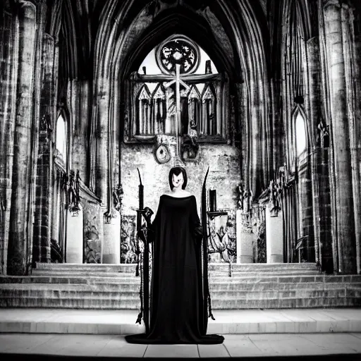 Prompt: a gothic woman in a necro giger church, professional photo shoot photography