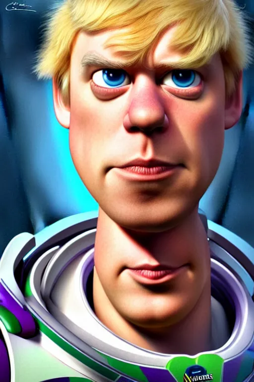 Image similar to Boris Johnson as Buzz Lightyear from Toy Story, realistic portrait, symmetrical, highly detailed, digital painting, artstation, concept art, smooth, sharp focus, illustration, cinematic lighting, art by artgerm and greg rutkowski and alphonse mucha