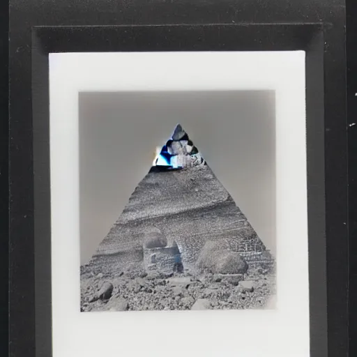 Prompt: a pyramid made from round smooth rocks put one on another, polaroid photo, instax, white frame, by Warhol,