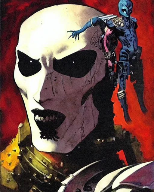 Image similar to portrait of a skinny punk goth tony todd wearing armor by simon bisley, john blance, frank frazetta, fantasy, thief warrior