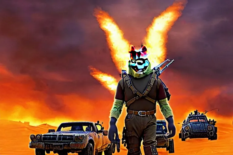 Image similar to nick wilde, heavily armed and armored facing down armageddon in a dark and gritty reboot from the makers of mad max : fury road : witness me