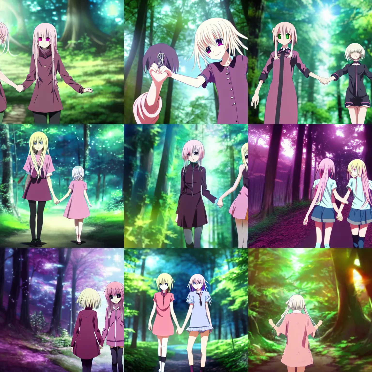 Prompt: tall anime girl with short pink hair holds hands with a short anime girl with long blonde hair in a dark mystical forest, anime key visual, official media