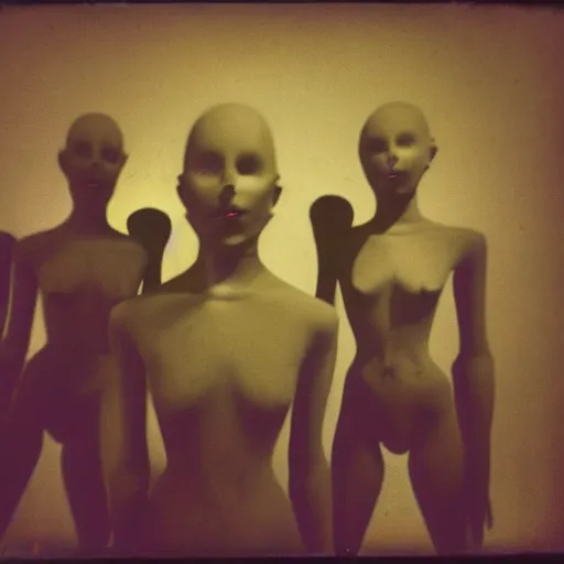 Image similar to dark room filled with shadowy mannequins with distorted features, distuburbing, horror, nightmare, terrifying, surreal, nightmare fuel, old polaroid, blurry, expired film, lost footage, found footage,