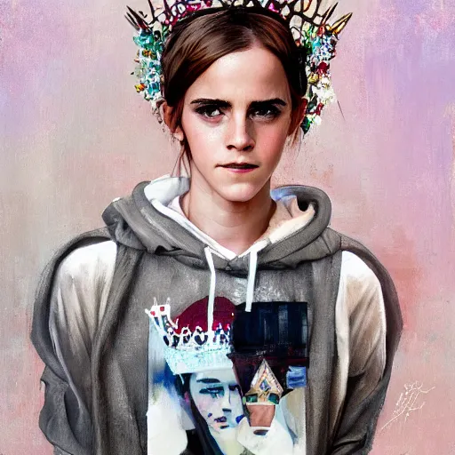 Prompt: full body emma watson wearing crown on head wearing designer hoodie by Sandra Chevrier by Richard Schmid by Jeremy Lipking by moebius by atey ghailan