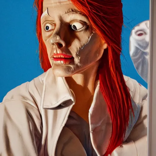 Image similar to detailed details photorealistic puppet nurse ghost in the style of bob peak and alex ross, gouache and wash paints color, detailed details facial and body and human and environments and proportionate, detailed 5 k details.