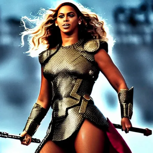 Image similar to beyonce as thor movie frame, mcu