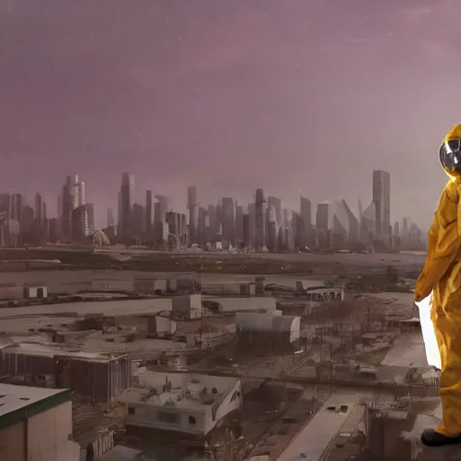 Image similar to a beautiful award-winning photo of the last man on Earth wearing a cybernetic hazmat suit, serene idyllic post-nuclear background, skyline of a derelict city in the background, volumetric lighting, very high quality, extremely detailed, subtle visual noise, 8K