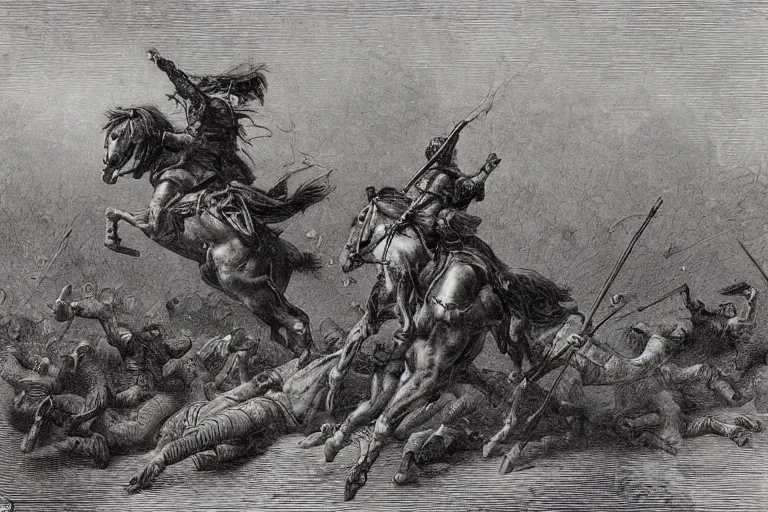 Prompt: A huge rider on a horse knocks out an infantryman in the middle of an epic battle , Gustave Dore lithography