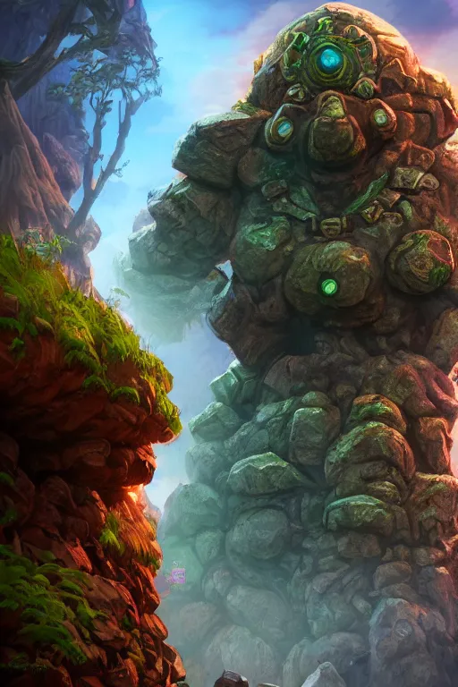 Image similar to zelda fantasy art giant golem troll wood rock greeble gemstone, global illumination ray tracing hdr fanart arstation by sung choi and eric pfeiffer and gabriel garza and casper konefal