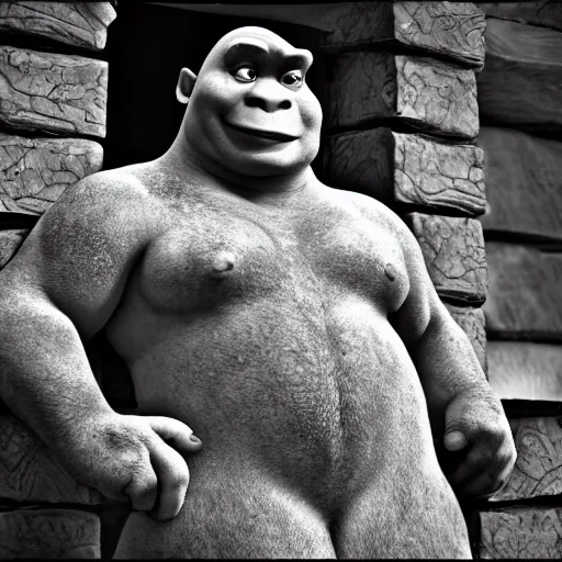 Prompt: shrek's dramatic photo, black and white, heavy grain