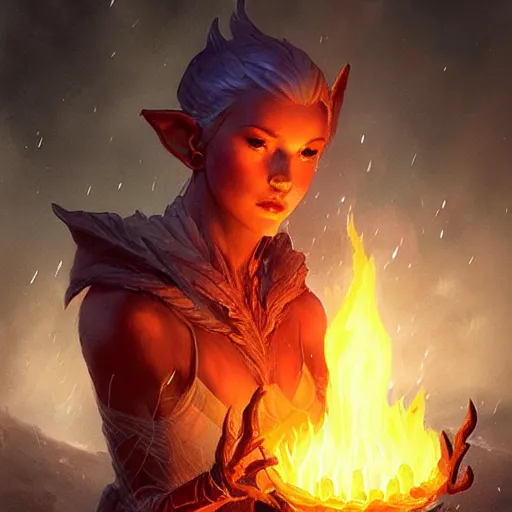 Prompt: a fantastical glowing elf made of fire illustrated by artgerm and greg rutkowski