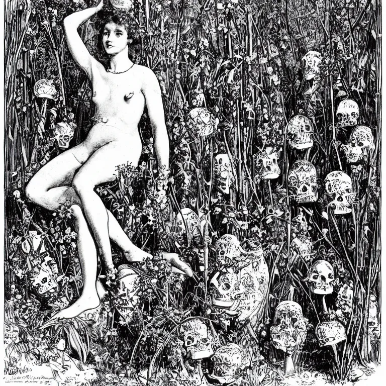 Image similar to a walther caspari illustration in lustige blatter in 1 8 9 9 of a ( young goddess, sitting on a conical pile of small skulls ) with huge flowers on tall stalks behind her, black and white pen an ink drawing