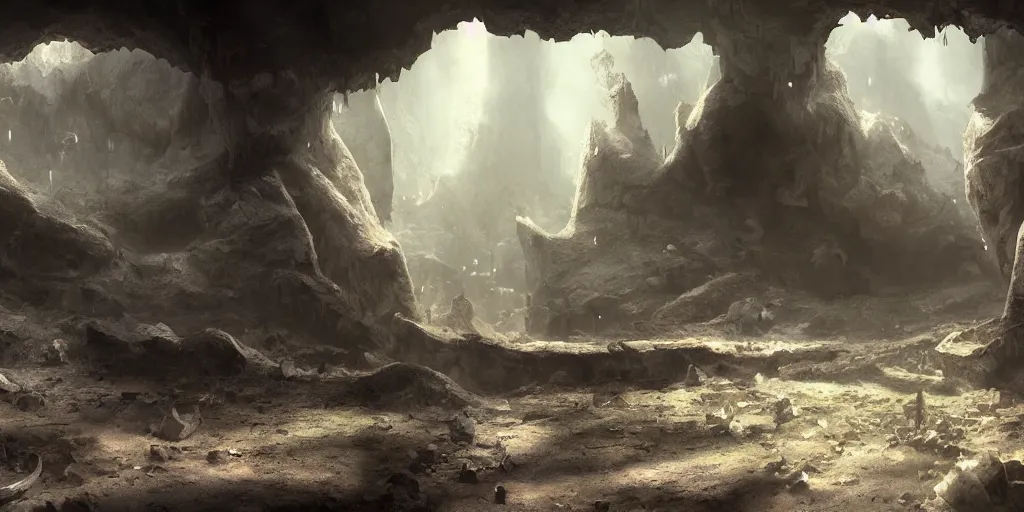 Image similar to beautiful matte painting of a cave with glowing crystals on the walls and bone piles on the floor, fantasy, sharp focus, artstation