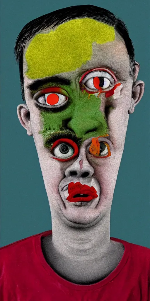 Image similar to award winning photo of todd solondz mixed with hitler, vivid colors, happy, symmetrical face, beautiful eyes, studio lighting, wide shot art by roger ballen & francis bacon