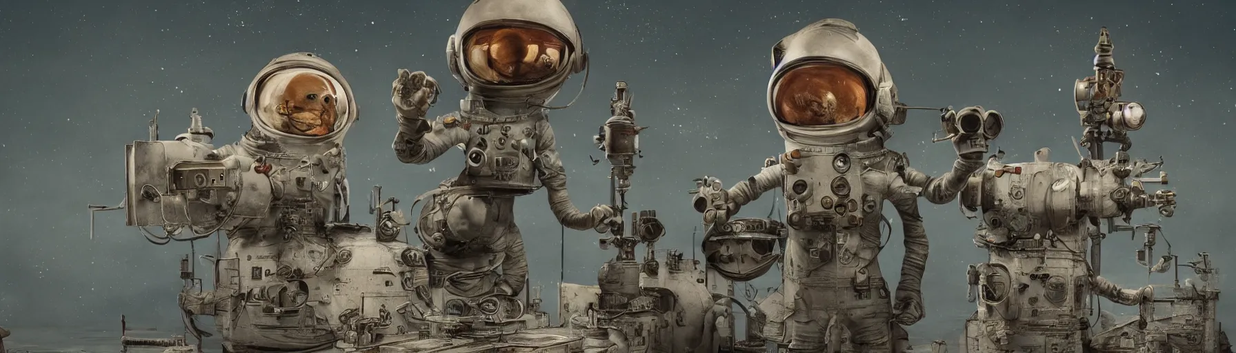 Image similar to Alexander Jansson Style, vintage astronaut in T pose, Blue Soviet nationality suit, The Laika space dog accompanies him, CGI, Many Details, Ultra Detailed, Octane Render, Real Engine 5 Cinematic, Realistic, Intricate Detail, Finely Detailed, Small Details, Extra Detail More details, tiny details, high resolution, 3D, PBR, path tracing, volumetric lighting, octane render, Arnold Render, 8k