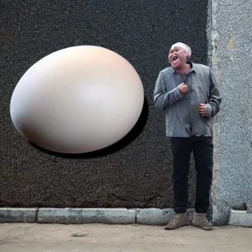 Image similar to a man laughing at a giant egg, in the future, in the style of Bansky