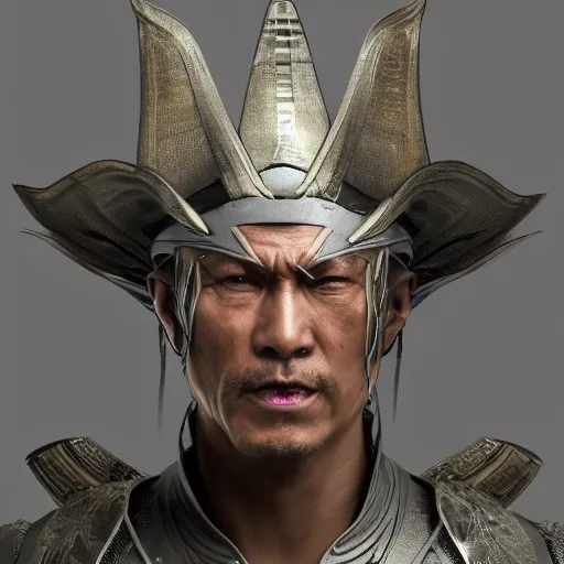 Prompt: highly detailed hybrid of raiden from mortal kombat, and raiden from metal gear solid wearing an asian conical hat. vfx portrait, stephen bliss, unreal engine, greg rutkowski, alphonse mucha, beeple global illumination, translucent, sub - surface scattering, detailed and intricate environment