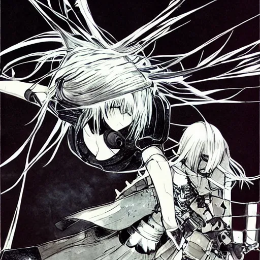 Prompt: extremely strong white haired girl fighting a full armored black knight, art by inio asano