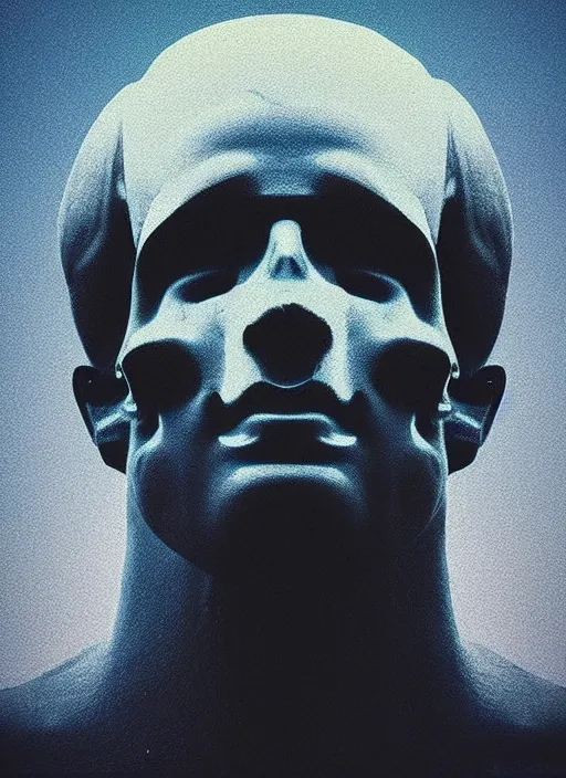 Prompt: statue of hercules, half his face as a skull, beeple, vaporwave, retrowave, tonal separation, black background, glitch, pixel sorting, strong contrast, pinterest, trending on artstation