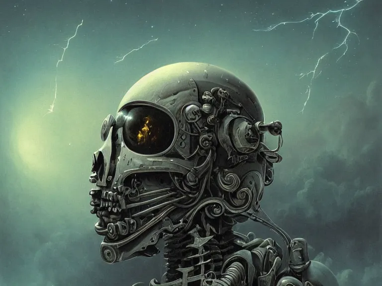 Image similar to a detailed profile airbrush painting of a skeleton in a space armour, cinematic sci-fi poster. technology flight suit, bounty hunter portrait symmetrical and science fiction theme with lightning, aurora lighting clouds and stars by beksinski carl spitzweg and tuomas korpi. baroque elements. baroque element. intricate artwork by caravaggio. Trending on artstation. 8k