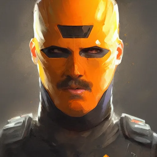 Image similar to portrait of a superhero by greg rutkowski, he looks like joseph quinn, he is wearing a black, orange and yellow kevlar gear, highly detailed portrait, digital painting, artstation, concept art, smooth, sharp foccus ilustration, artstation hq