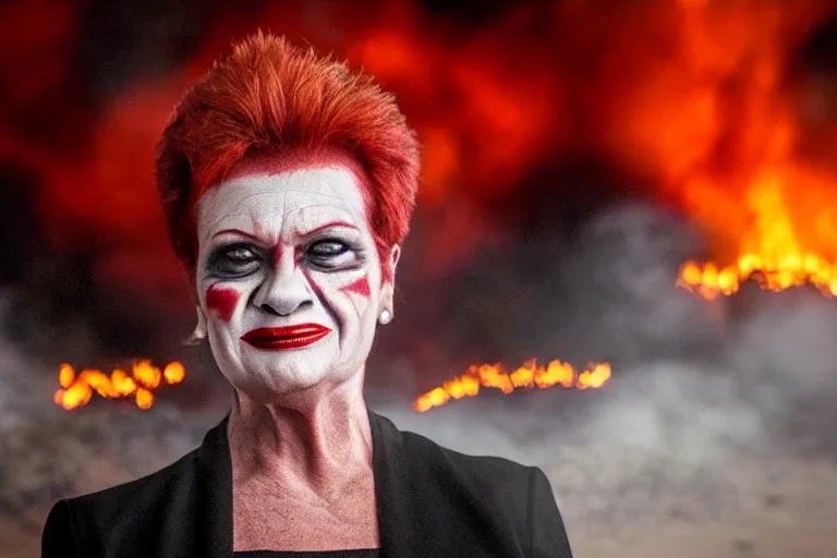 Prompt: Pauline Hanson with smudged red and white makeup like The Joker, standing in hell surrounded by fire and flames and bones and brimstone, portrait photography, depth of field, bokeh