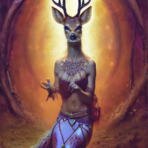 Image similar to cute female bellydancer deer, anthropomorphic, stuning 3 d render, masterpiece, glowing holy aura, by donato giancola and greg rutkowski and wayne barlow and zdzisław beksinski, realistic face