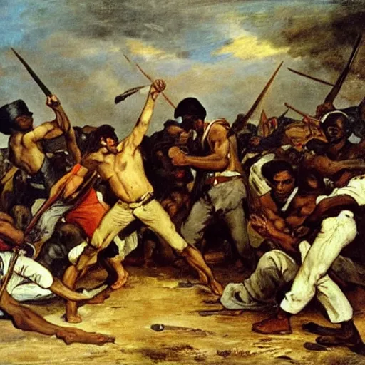 Image similar to Eugène Delacroix painting of black men fighting white men