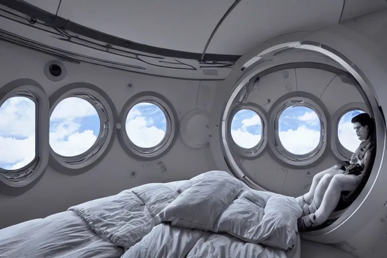 Prompt: sci-fi scene of space tourists in glamourous spaceship bedroom looking out large circular window at earth orbit By Emmanuel Lubezki