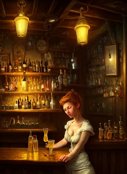 Prompt: a beautiful barmaid, dimly lit cozy tavern, relaxed pose, wild, highly detailed, digital painting, artstation, sharp focus, illustration, fantasy, detailed painterly digital art style by Filip Hodas, 🍸🍋, 8k octane beautifully detailed render, post-processing, extremely hyperdetailed, intricate, epic composition, grim yet sparkling atmosphere, cinematic lighting + masterpiece, trending on artstation, very detailed, vibrant colors